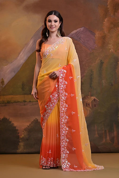 Stylish Yellow Georgette Saree for Party Wear