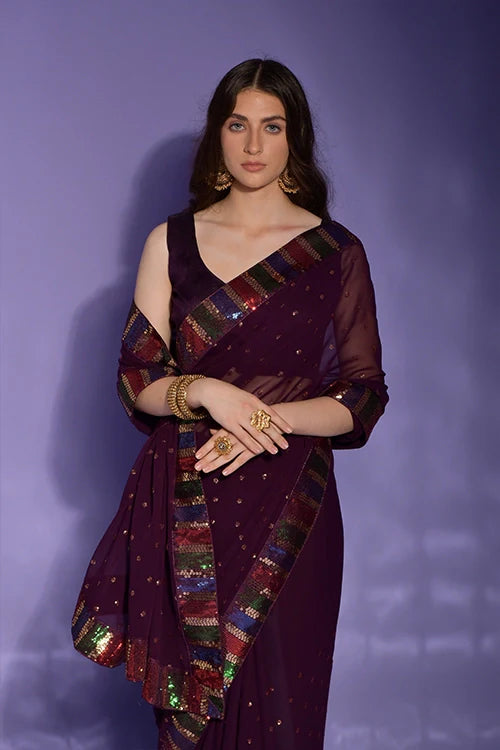 Stylish Maroon Saree with Butti Work Border