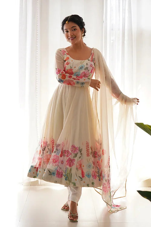 Cream Floral Printed Organza Anarkali Suit Set Collection