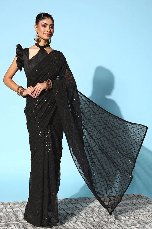 Stylish Sequence Embroidery Black Georgette Saree