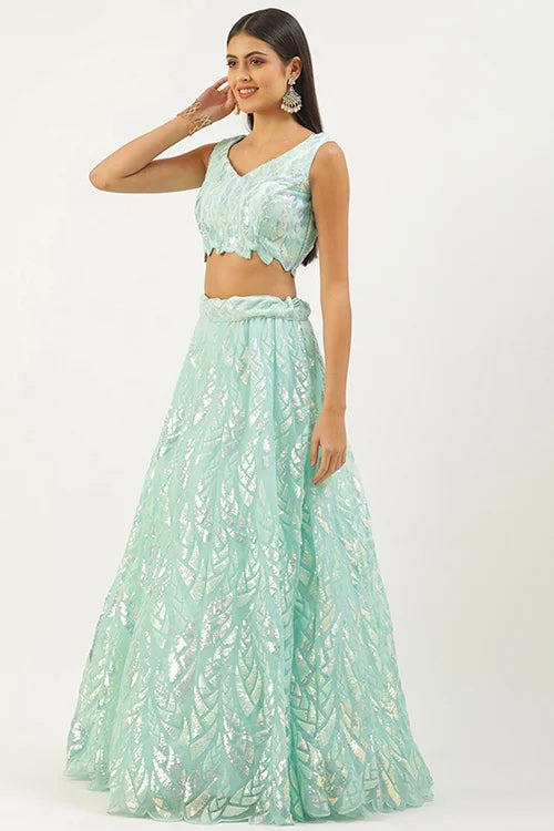 Bollywood Style Blue Lehenga Choli with Thread Embroidery