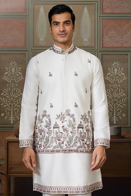 Latest Embroidered Designer White Koti Kurta Set for Mens