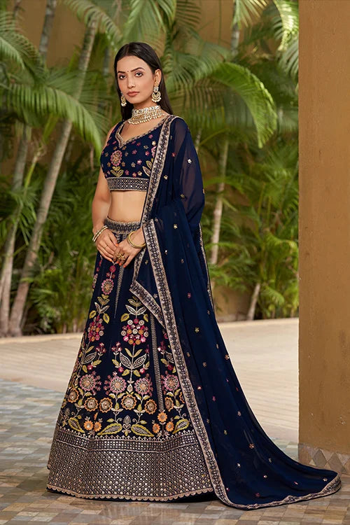 Navy Blue Embroidered Lehenga Choli with Dupatta