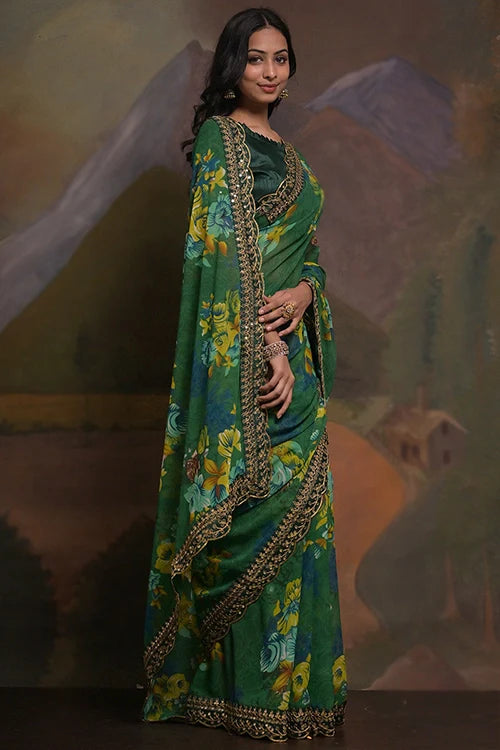 Designer Green Georgette Saree with Embroidery Work