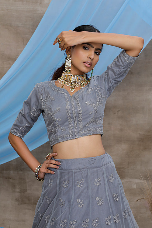 Grey Net Coding Embroidered Lehenga for Weddings