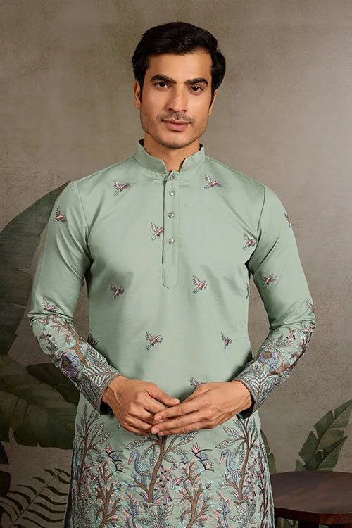 Embroidered Pista Green Wedding Kurta for Mens