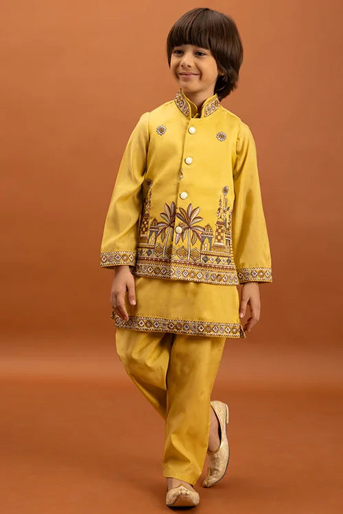 Designer Yellow Koti Kurta Set For Kids Wear