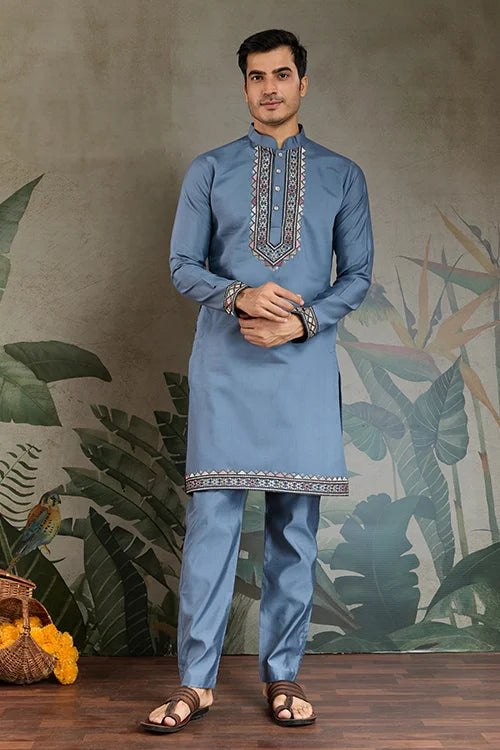 Blue Gray Open Koti Style Full Kurta Pajama Set for Men