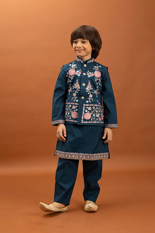 Bottle Green Kids Kurta Pajama with Koti Set
