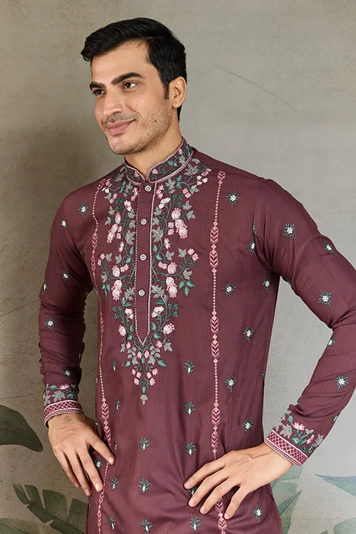 Embroidered Pastel Chocolate Kurta for Men Wear