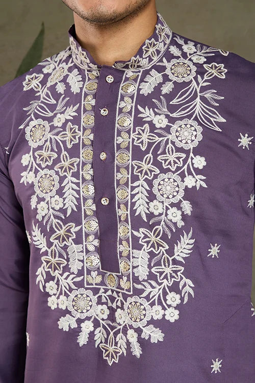Pastel Purple Embroidered Viscose Silk Kurta Set