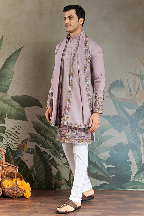 Premium Dusty Pink Color Embroidered Kurta With Pajama Set For Men