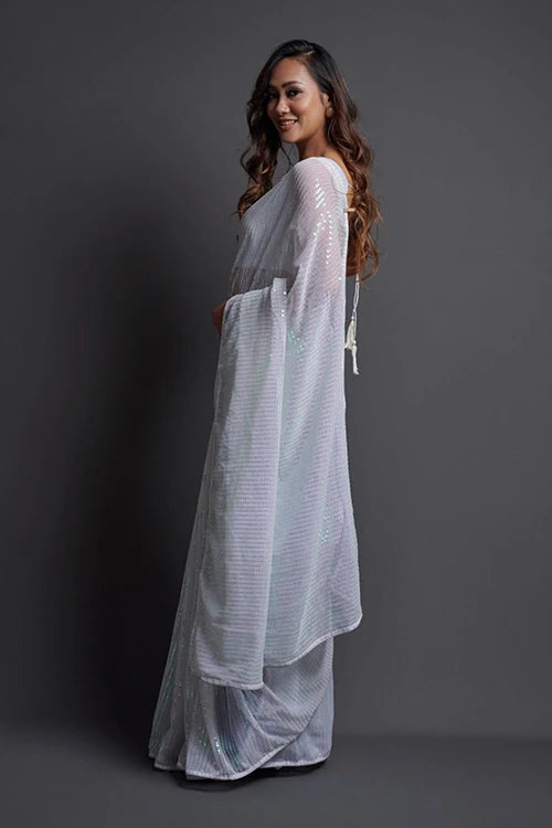 Embroidered Pure Heavy Georgette Silk Saree in White