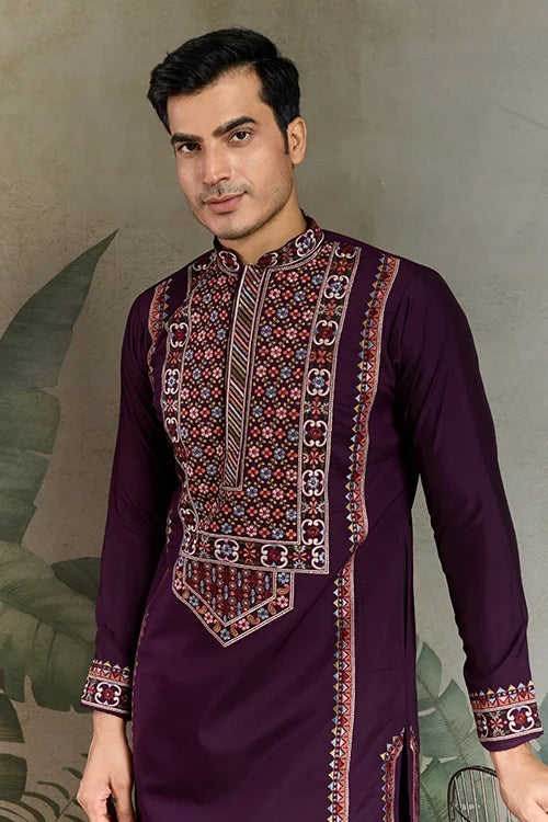 Engagement Special Purple Viscose Silk Outfit Kurta for Men