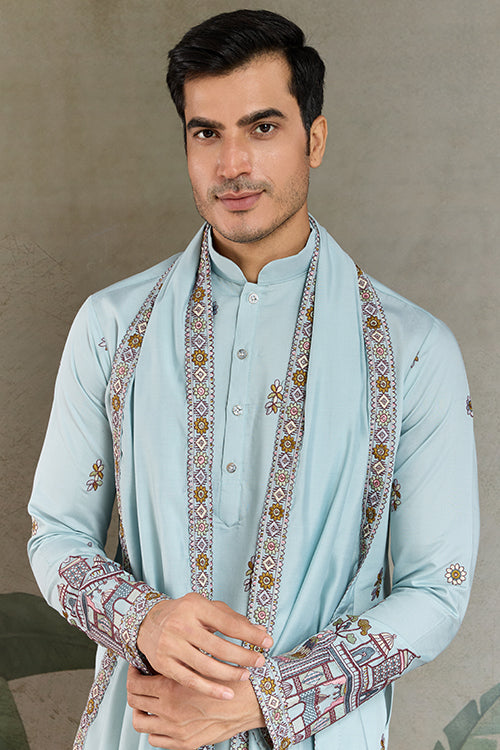 Wedding Special Sky Color Kurta And Dupatta For Men