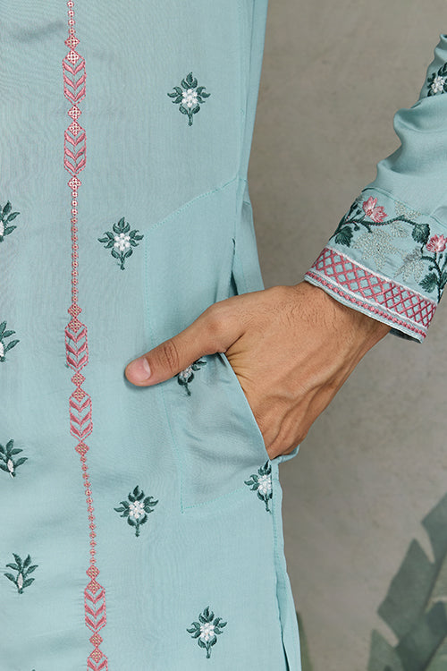 Sky Color Embroidered Kurta Pajama For Men