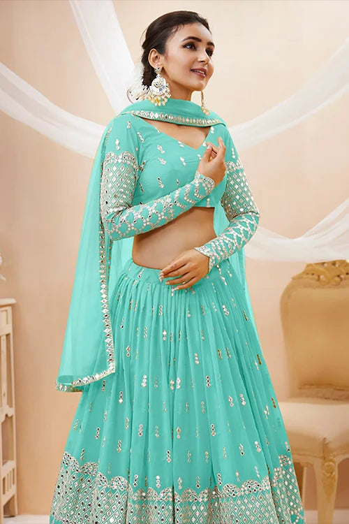 Sky Blue Georgette Embroidered Wedding Lehenga Choli