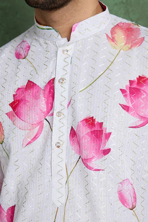 Buy Ethnic Style White & Pink Designer Kurta for Men