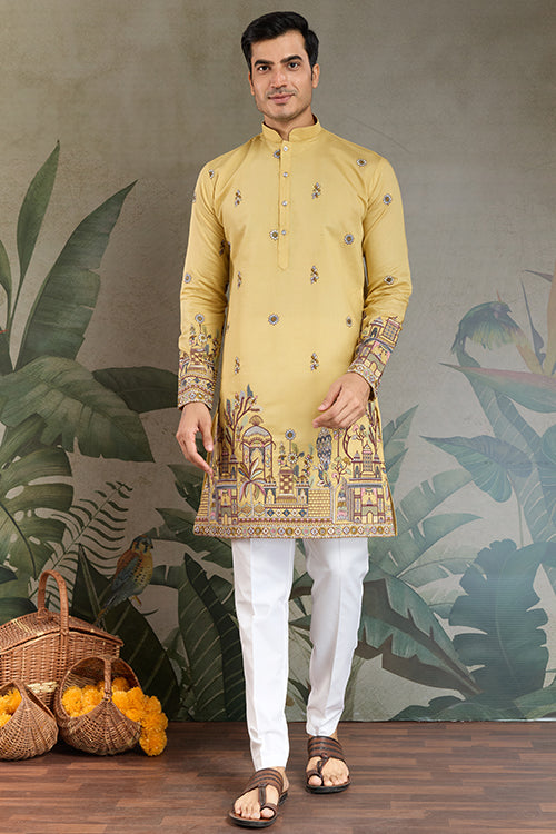 Haldi Special Yellow Embroidered Kurta Pajama Set For Men