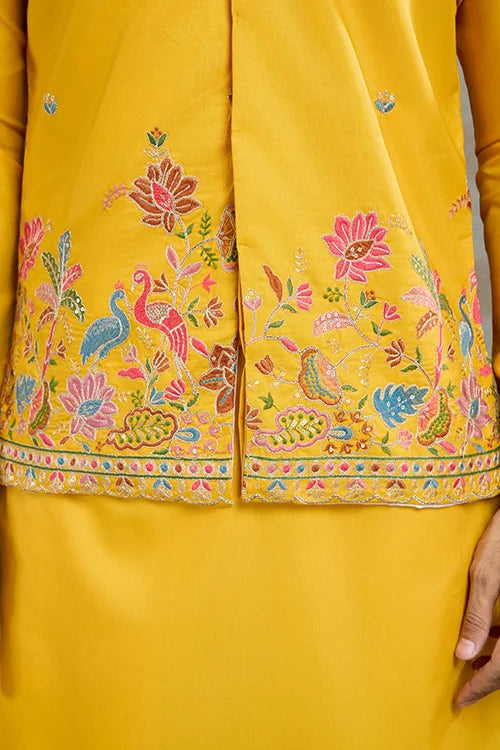 Designer Yellow Cotton Kurta with Koti Jacket Online
