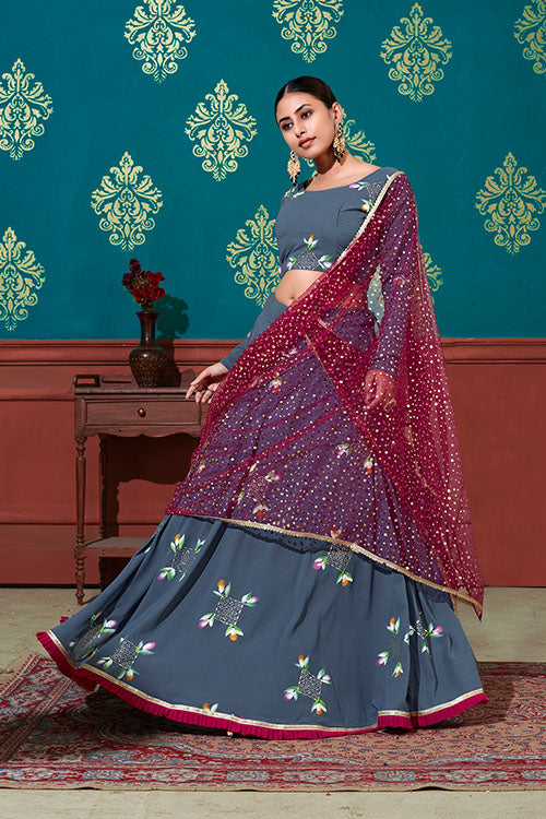 Blue Georgette Pigment Foil Printed Work Lehenga Choli