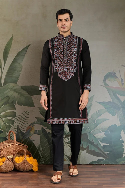 Designer Premium Embroidered Black Silk Kurta for Men