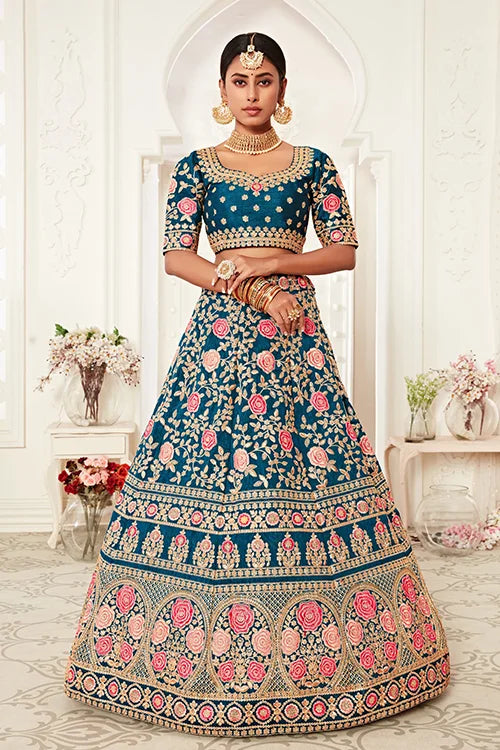 Embroidery Work Lehenga Choli With Dupatta Blue Colour