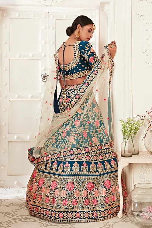 Embroidery Work Lehenga Choli With Dupatta Blue Colour