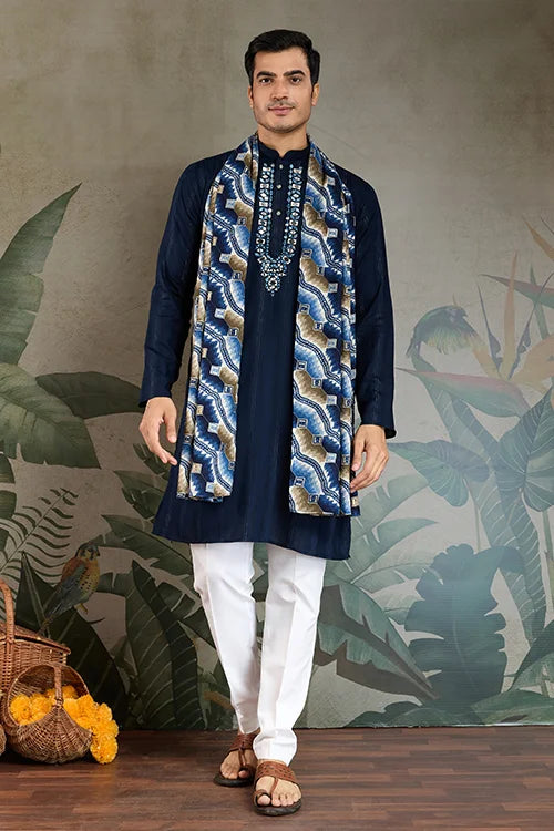 Elegant Navy Blue Mens Wear Kurta Set with Dupatta
