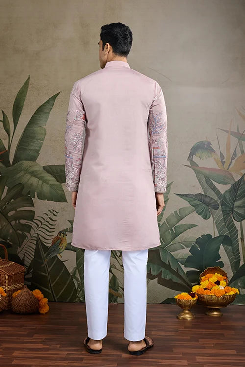 Designer Peach Viscose Silk fancy kurtas for men