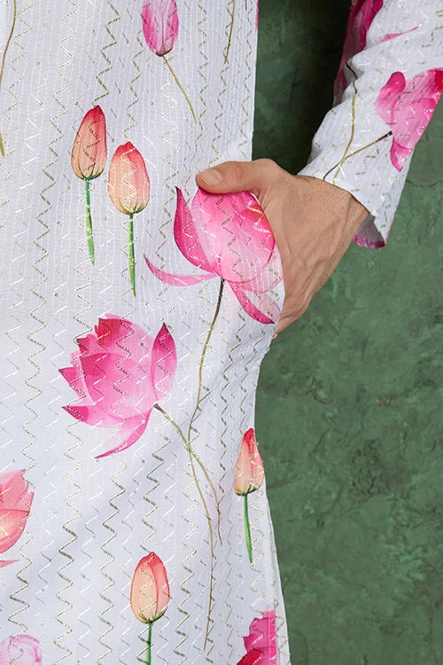 Buy Ethnic Style White & Pink Designer Kurta for Men
