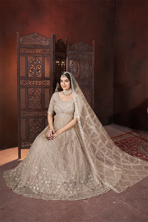 Beautiful Chiku Embroidered Net Reception Wear Gown With Dupatta