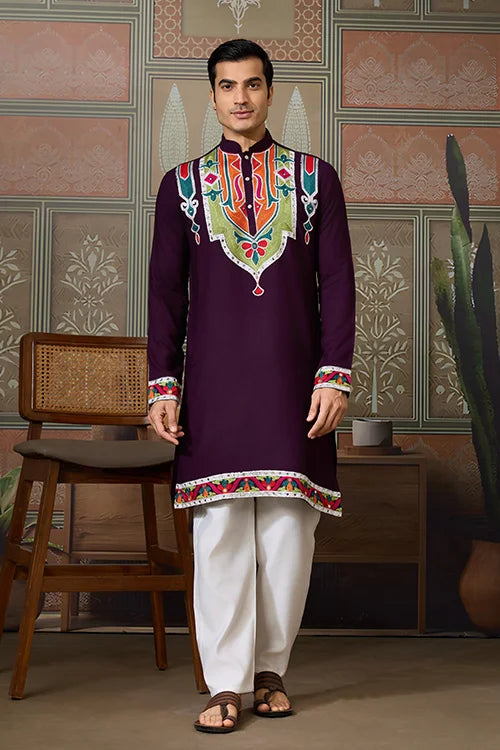 Purple Festival Wear Embroidery Mens Wear Kurta