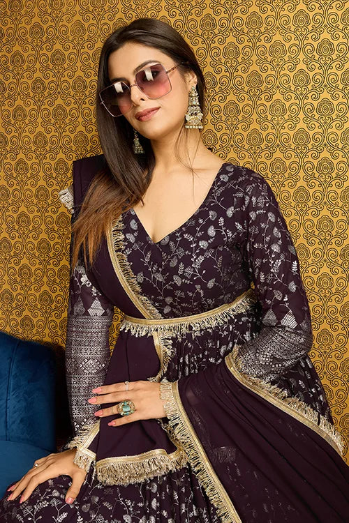 Exclusive Purple Color Metalic Foil Work Ready To Wear Gown