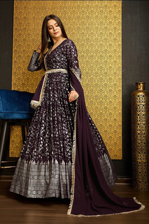 Exclusive Purple Color Metalic Foil Work Ready To Wear Gown