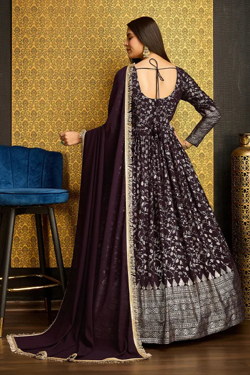 Exclusive Purple Color Metalic Foil Work Ready To Wear Gown