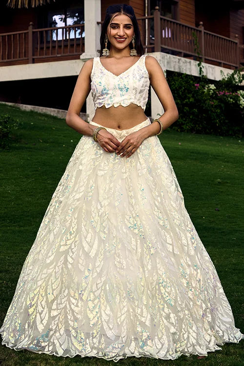Exclusive White Thread With Multiple Sequins Embroidered Work Lehenga Choli