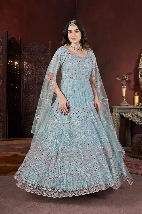 Sky Color Thread Embroidery With Zarkan And Mirror Work Gown