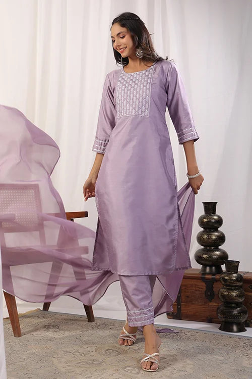 Lavender Viscose Chanderi Kurti Set with Organza Dupatta