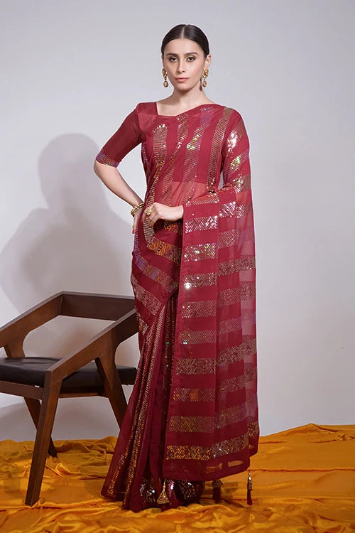 Red Heavy Georgette Saree with Sequins Embroidery Work