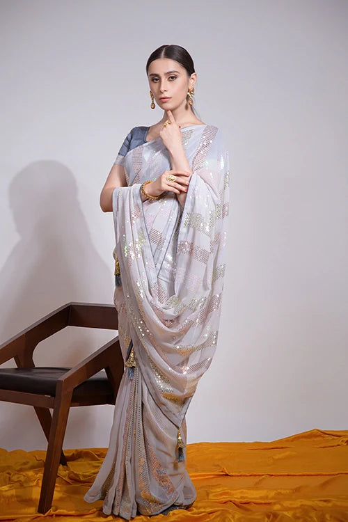 Designer Grey Georgette Saree with Fancy Embroidery