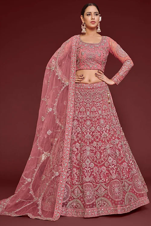 Fantasy Rose Soft Net Thread Zari Embroidery Work Lehenga Choli With Dupatta
