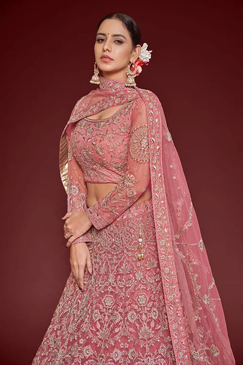 Fantasy Rose Soft Net Thread Zari Embroidery Work Lehenga Choli With Dupatta