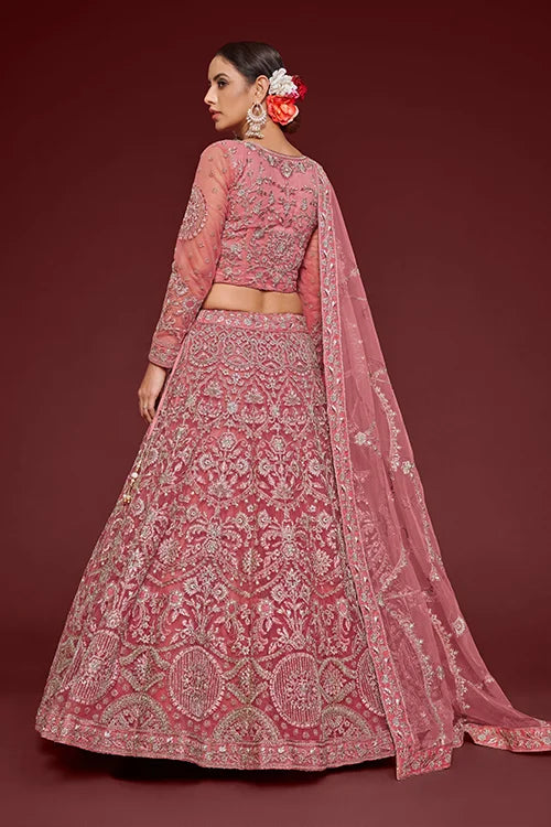 Fantasy Rose Soft Net Thread Zari Embroidery Work Lehenga Choli With Dupatta