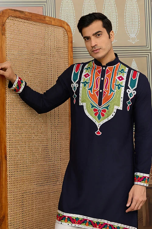 Navy Blue Embroidered Festival Wear Kurta for Men