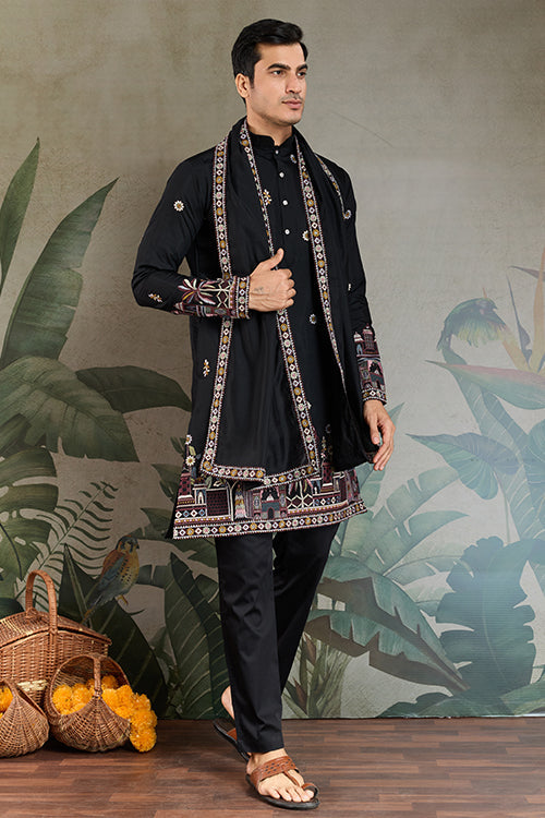 Traditional Black Color Embroidered Kurta Pajama Set For Men