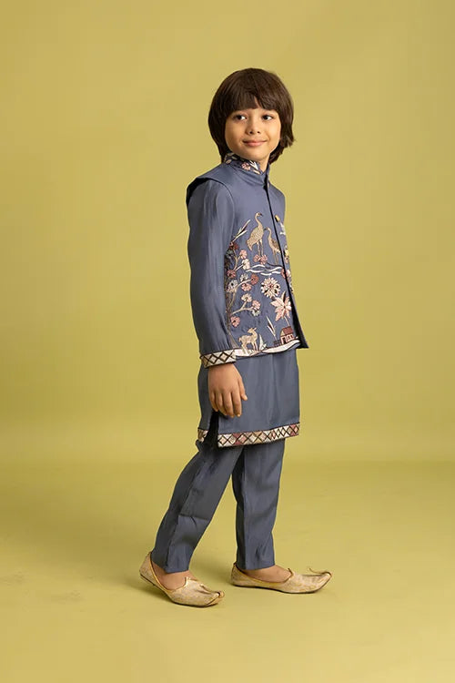 Wedding Special Kids Blue Grey Koti Kurta Outfit