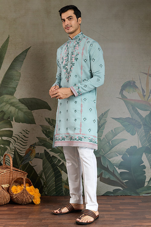 Sky Color Embroidered Kurta Pajama For Men
