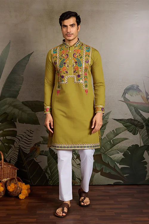 Festive Wear Flourescent Green Embroidered Kurta for Men