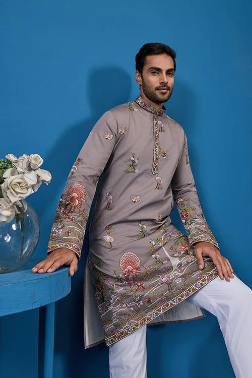 Classy Grey Embroidered Mens Kurta for Wedding Events